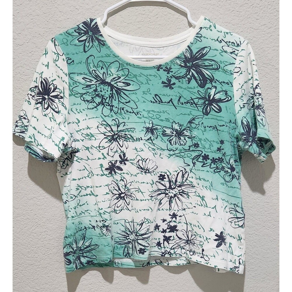 Alison Daley Womens PM Petite Large Green Floral Short Sleeve Casual Top